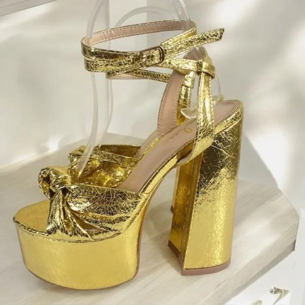 Lulus Bow Platform Ankle Strap Heels Gold Metallic Size 7M - Picture 10 of 13